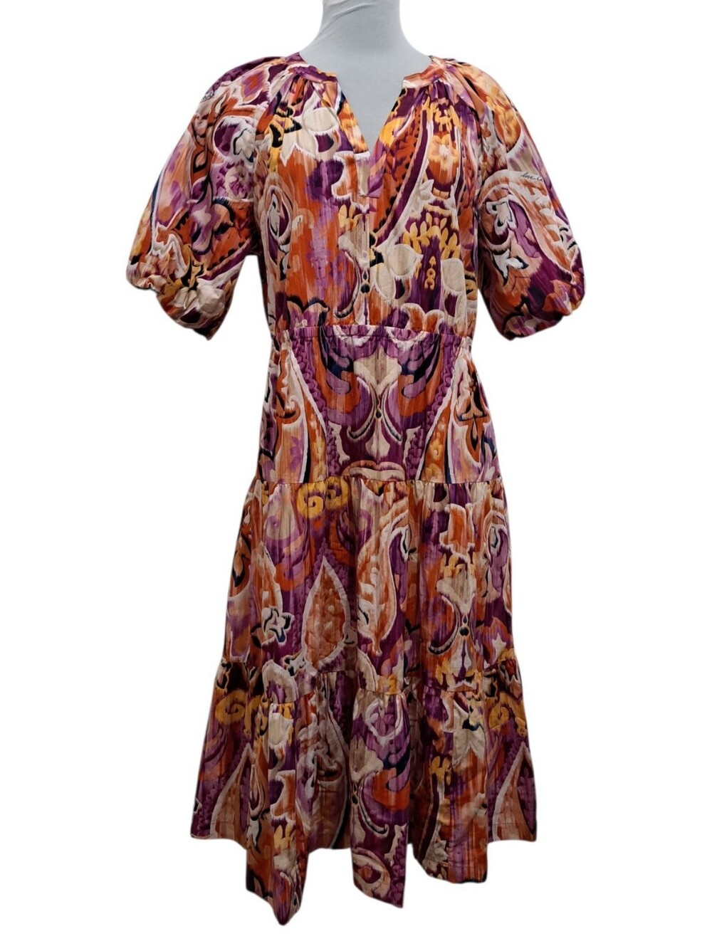 Chico's Paisley Boho Retro Tiered Puff Sleeve Midi Dress Size 10 Multi-color